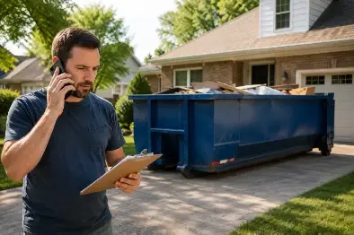 Homeowner requesting a dumpster rental quote by phone beside a roll-off dumpster in Owensboro KY